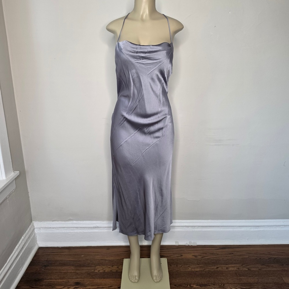 Express Dress Womens XL Grey Satin Cowl Neck Midi T-Back Slit Slip y2k Sexy NYE